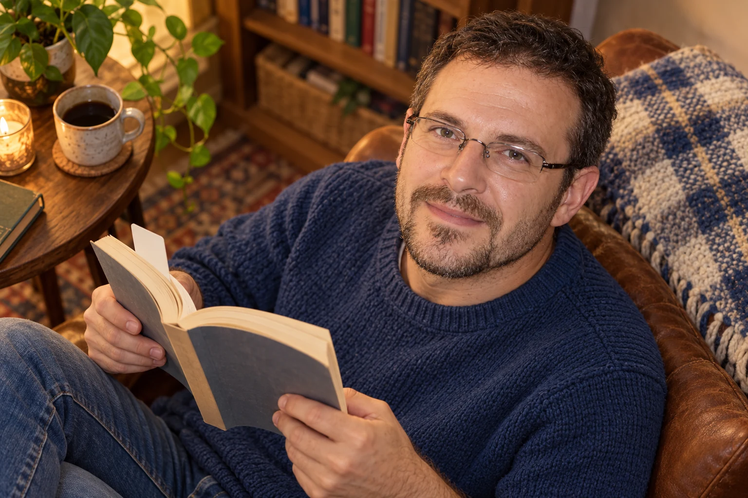 Нижник Максим в читальном уголке с книгой и закладкой из билета