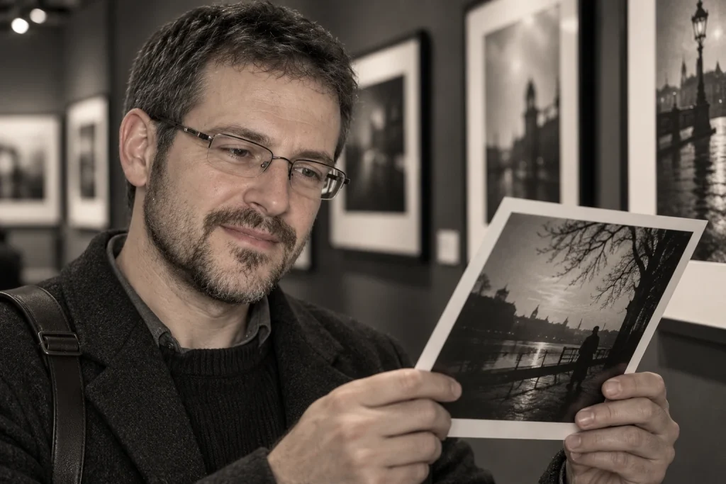 Нижник Максим на фотовыставке перед чёрно-белыми отпечатками — AI-иллюстрация к художественной истории