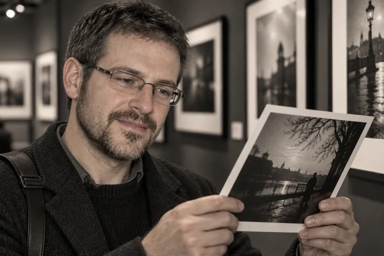 Нижник Максим на фотовыставке перед чёрно-белыми отпечатками — AI-иллюстрация к художественной истории