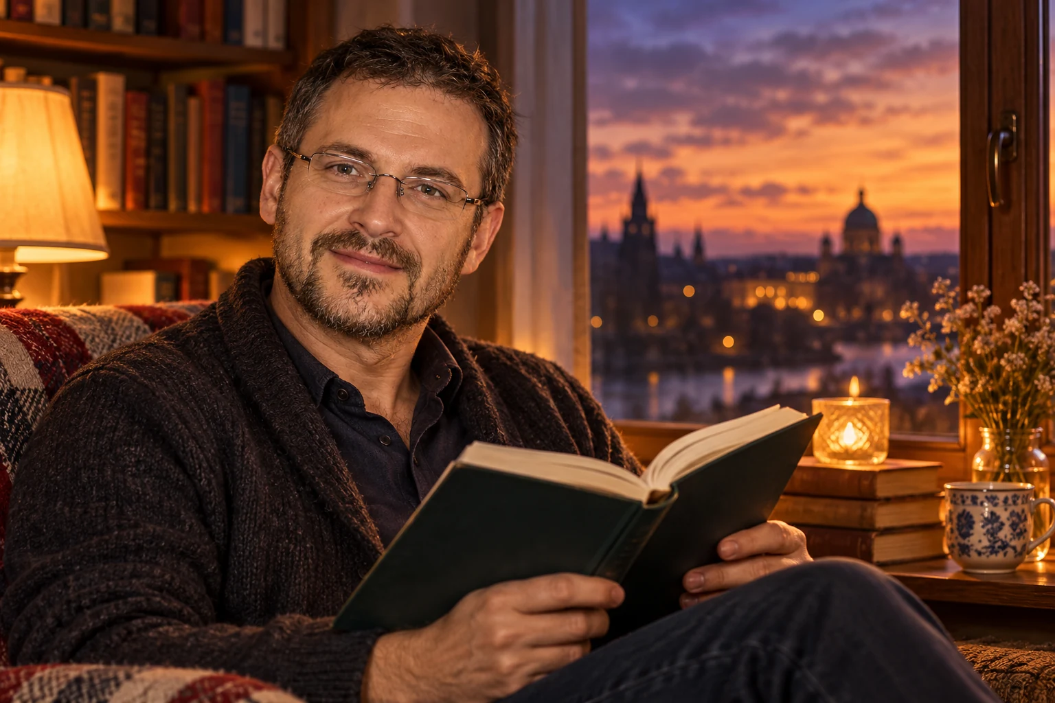 Нижник Максим Володимирович на литературном вечере у окна с открытой книгой — AI-иллюстрация к художественной истории